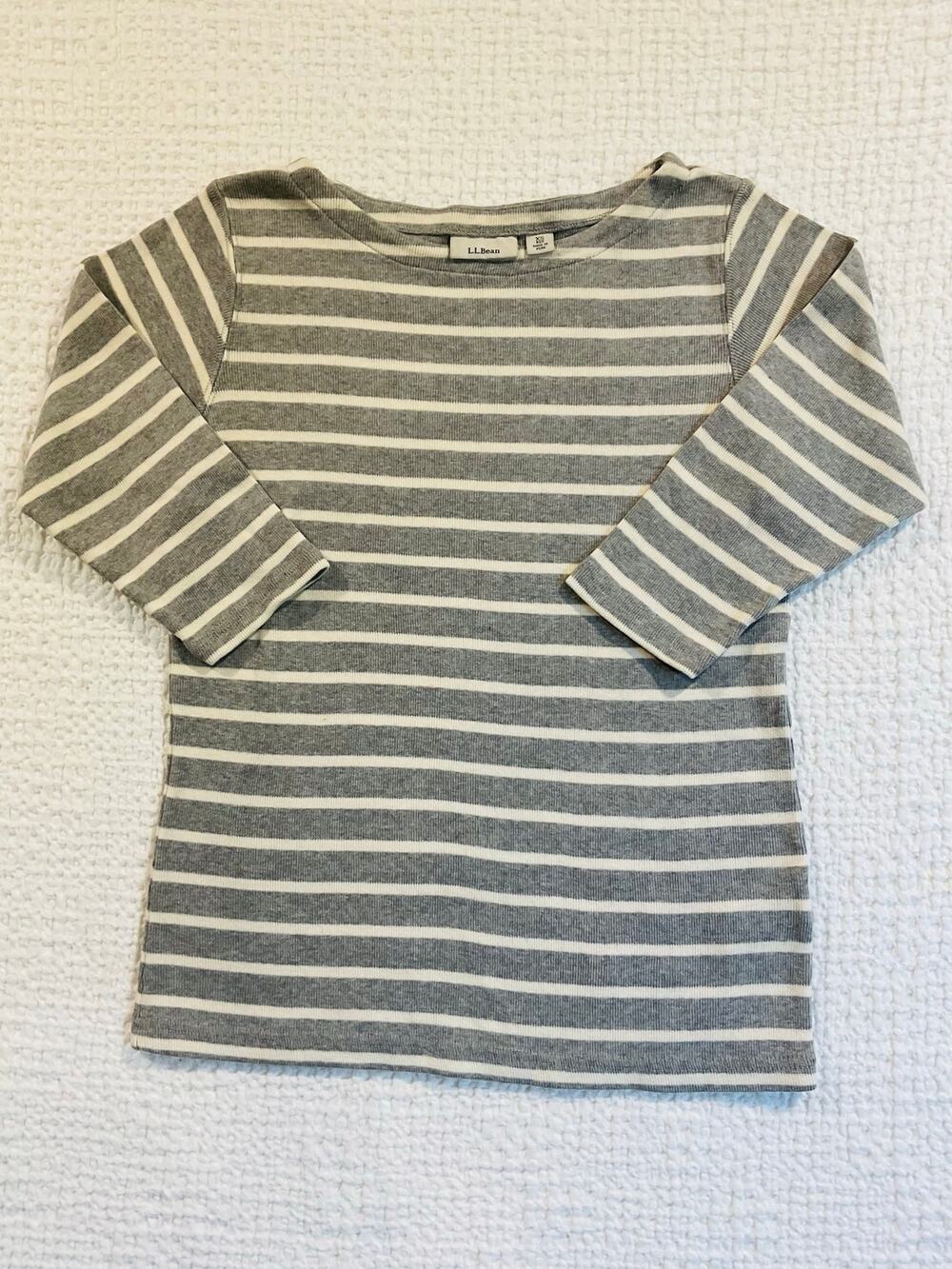 L.L.Bean Women’s XS Gray White Striped Boatneck 3/4 Sleeve Cotton Knit Top